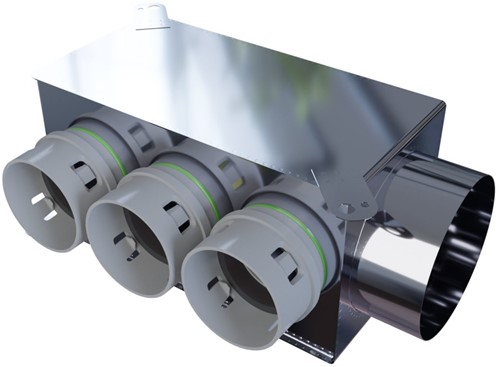 Horizontaal haakse versie: 125 mm voor directe aansluiting met aantal tuiten: 3x75